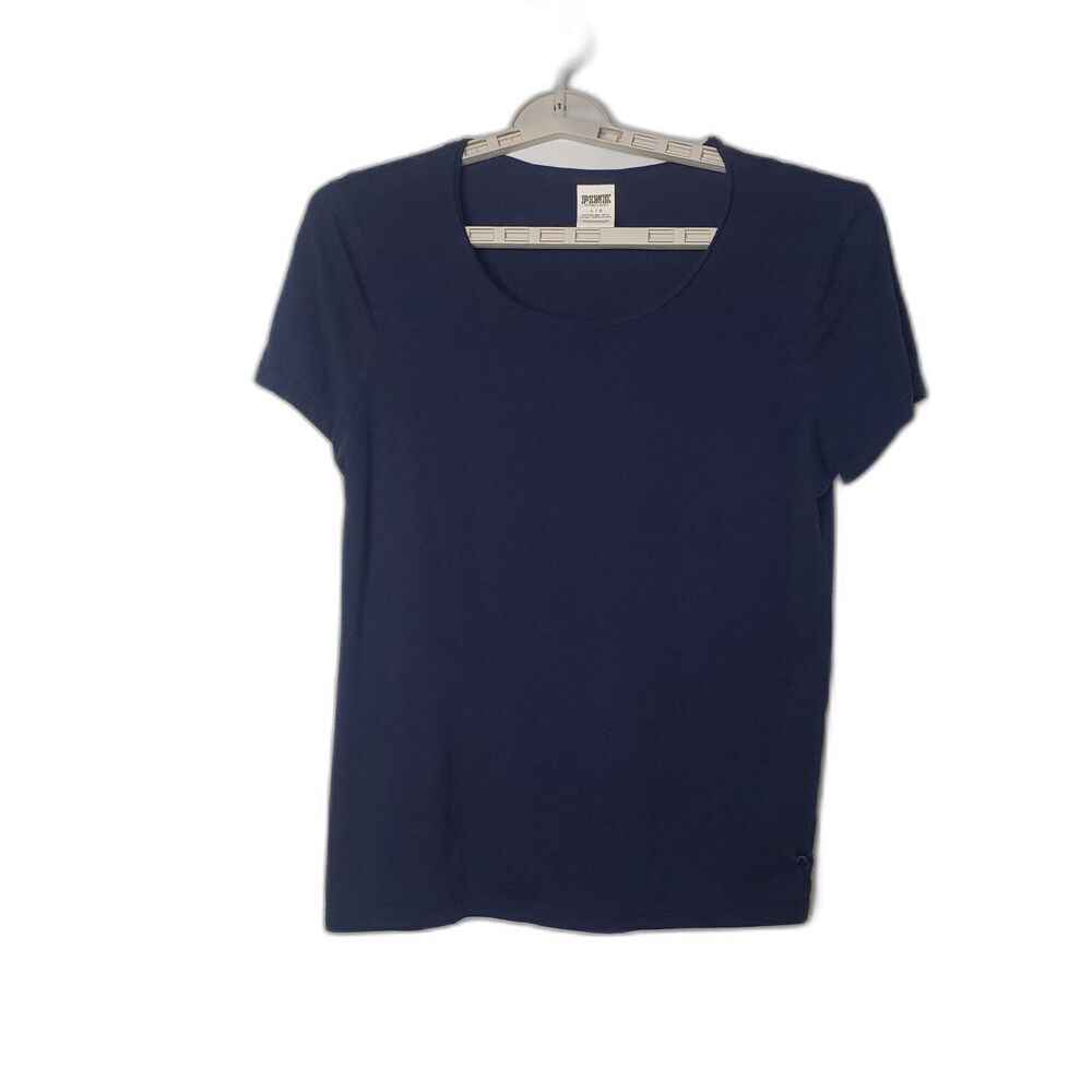 Victorias Secret PINK Navy Blue Scoop Neck Short Sleeve TShirt Womens Size Large